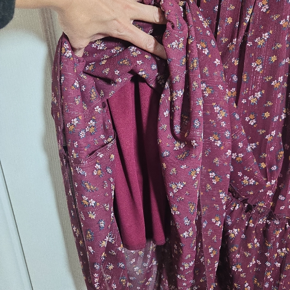 Zunie Smocked Floral Midi Dress | Juniors 14 - Fits Women’s XS–S | Wine Berry - Picture 9 of 17